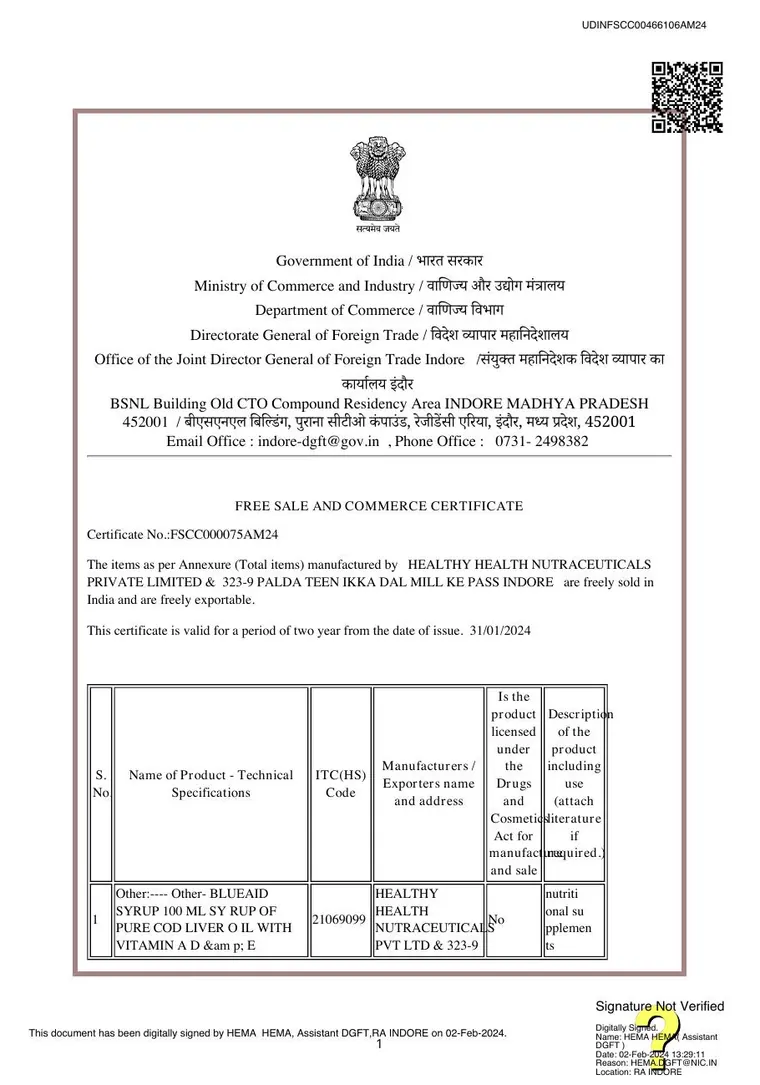 Free Sale & Commerce Certificate document preview