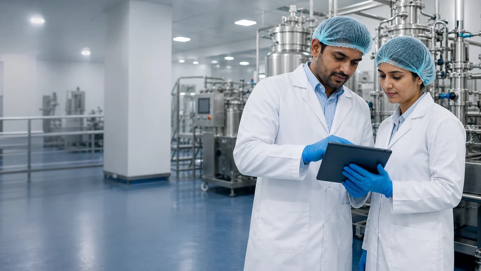 Representative Healthy Health manufacturing professionals reviewing production information