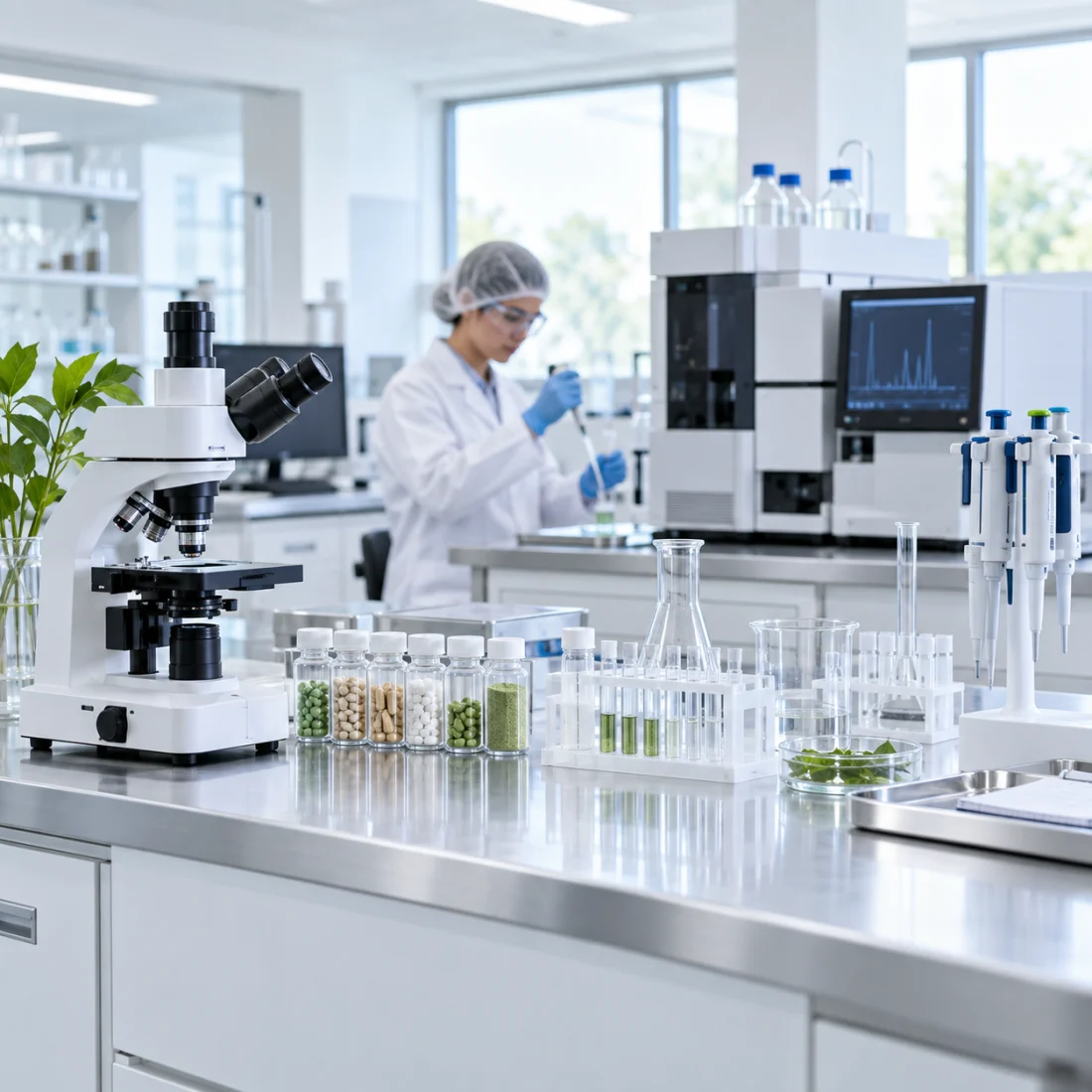 Representative nutraceutical laboratory with analytical equipment and sample testing