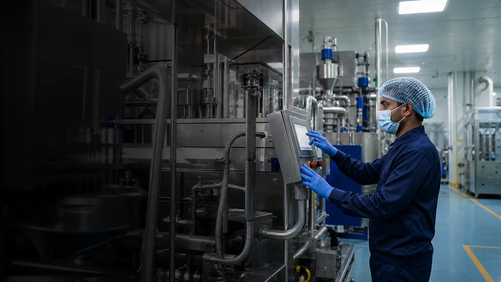 Representative nutraceutical manufacturing environment with an operator monitoring equipment