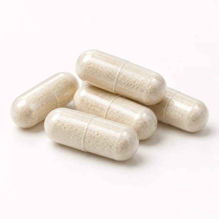 Clear nutraceutical capsules filled with pale powder