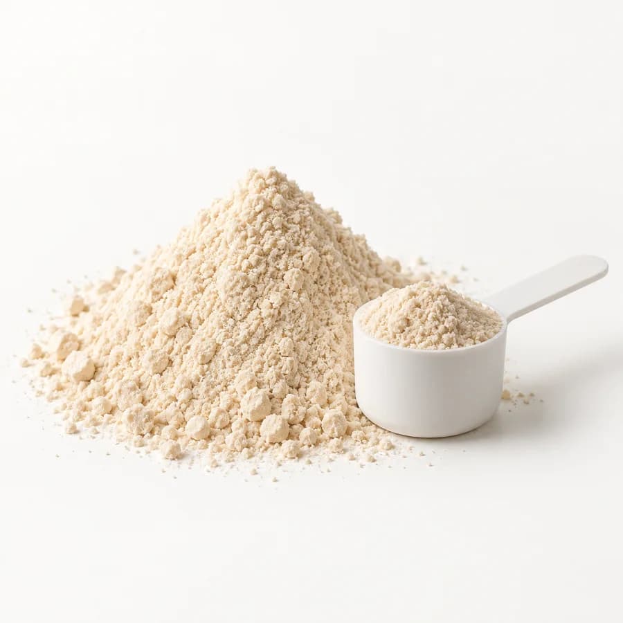 Pale nutritional powder with a measuring scoop
