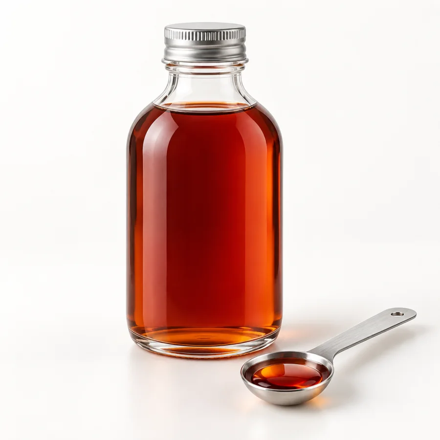 Amber nutraceutical syrup in a clear bottle with a measuring spoon