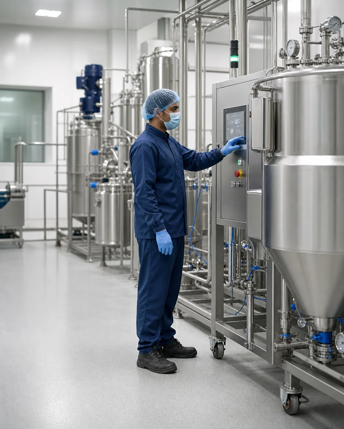 Representative technical operator working with stainless-steel nutraceutical manufacturing equipment