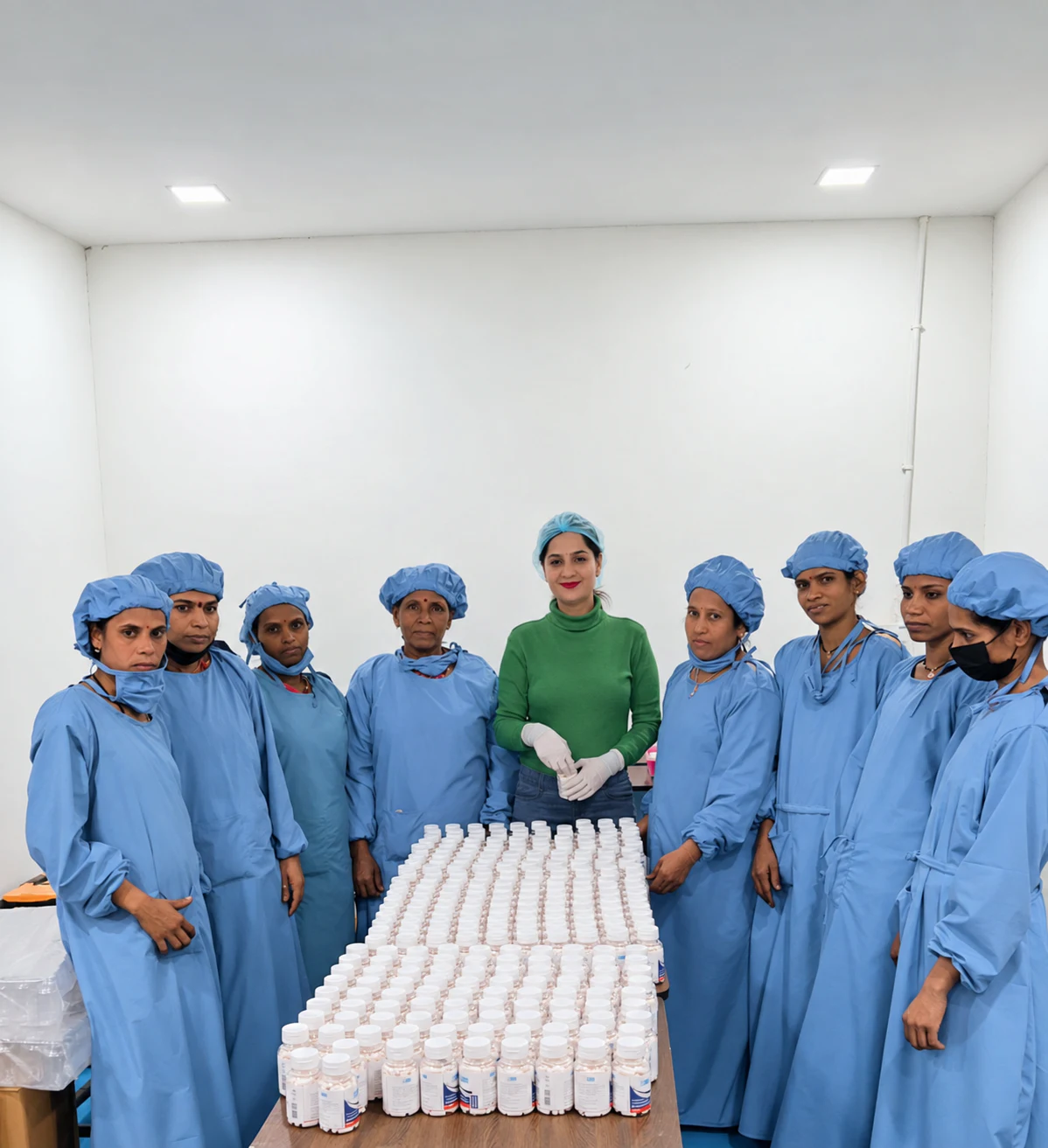 Healthy Health manufacturing team standing together beside prepared product bottles
